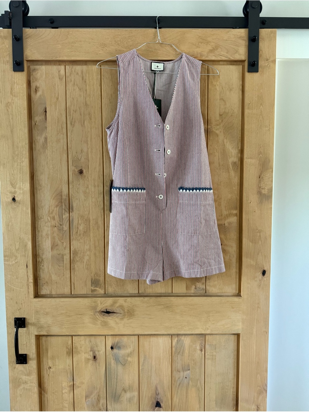 Tuckernuck Red, Navy and White Striped V-Neck Button Blouse